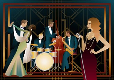 Caz müzisyenleri, şarkıcı ve dansçılar evrensel bir arkaplanda. Çift bas, saksafon, davul. Müzisyenler müzik enstrümanları çalar