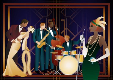 Caz müzisyenleri, şarkıcı ve dansçılar evrensel bir arkaplanda. Çift bas, saksafon, davul. Müzisyenler müzik enstrümanları çalar