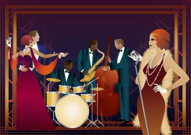 Caz müzisyenleri, şarkıcı ve dansçılar evrensel bir arkaplanda. Çift bas, saksafon, davul. Müzisyenler müzik enstrümanları çalar