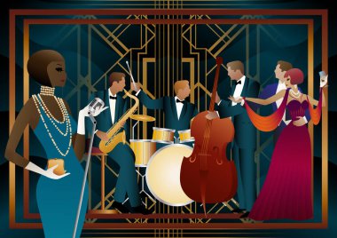 Caz müzisyenleri, şarkıcı ve dansçılar evrensel bir arkaplanda. Çift bas, saksafon, davul. Müzisyenler müzik enstrümanları çalar