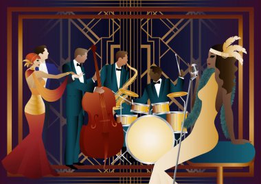 Caz müzisyenleri, şarkıcı ve dansçılar evrensel bir arkaplanda. Çift bas, saksafon, davul. Müzisyenler müzik enstrümanları çalar
