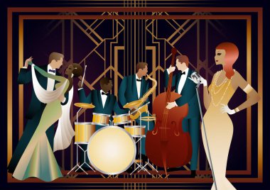 Caz müzisyenleri, şarkıcı ve dansçılar evrensel bir arkaplanda. Çift bas, saksafon, davul. Müzisyenler müzik enstrümanları çalar