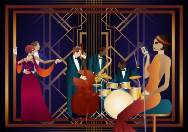 Caz müzisyenleri, şarkıcı ve dansçılar evrensel bir arkaplanda. Çift bas, saksafon, davul. Müzisyenler müzik enstrümanları çalar