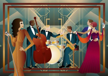Caz müzisyenleri, şarkıcı ve dansçılar evrensel bir arkaplanda. Çift bas, saksafon, davul. Müzisyenler müzik enstrümanları çalar