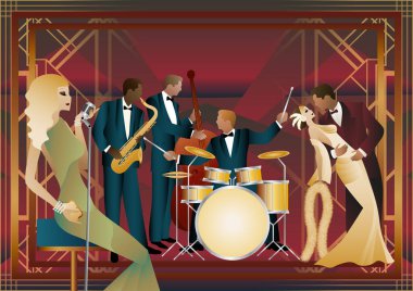 Caz müzisyenleri, şarkıcı ve dansçılar evrensel bir arkaplanda. Çift bas, saksafon, davul. Müzisyenler müzik enstrümanları çalar
