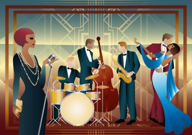 Caz müzisyenleri, şarkıcı ve dansçılar evrensel bir arkaplanda. Çift bas, saksafon, davul. Müzisyenler müzik enstrümanları çalar