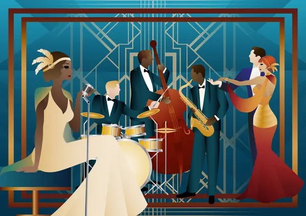 Caz müzisyenleri, şarkıcı ve dansçılar evrensel bir arkaplanda. Çift bas, saksafon, davul. Müzisyenler müzik enstrümanları çalar