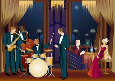 Bir restoranda, kafede ya da barda caz müzisyenleri. Çift bas, saksafon, davul. Müzisyenler müzik enstrümanları çalar