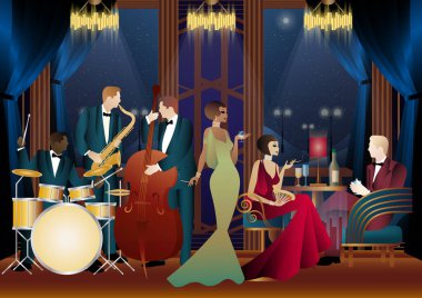 Bir restoranda, kafede ya da barda caz müzisyenleri. Çift bas, saksafon, davul. Müzisyenler müzik enstrümanları çalar