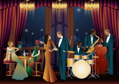 Bir restoranda, kafede ya da barda caz müzisyenleri. Çift bas, saksafon, davul. Müzisyenler müzik enstrümanları çalar