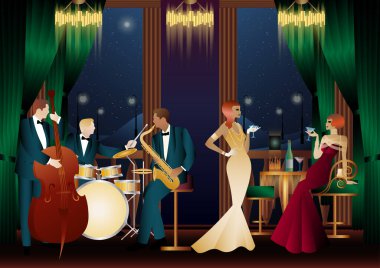 Bir restoranda, kafede ya da barda caz müzisyenleri. Çift bas, saksafon, davul. Müzisyenler müzik enstrümanları çalar