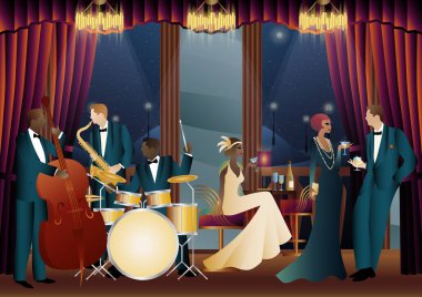 Bir restoranda, kafede ya da barda caz müzisyenleri. Çift bas, saksafon, davul. Müzisyenler müzik enstrümanları çalar