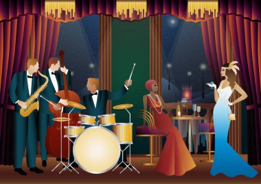 Bir restoranda, kafede ya da barda caz müzisyenleri. Çift bas, saksafon, davul. Müzisyenler müzik enstrümanları çalar