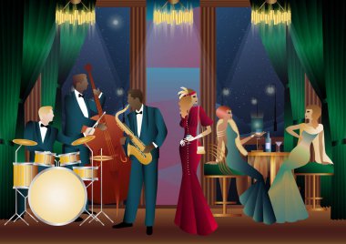 Bir restoranda, kafede ya da barda caz müzisyenleri. Çift bas, saksafon, davul. Müzisyenler müzik enstrümanları çalar
