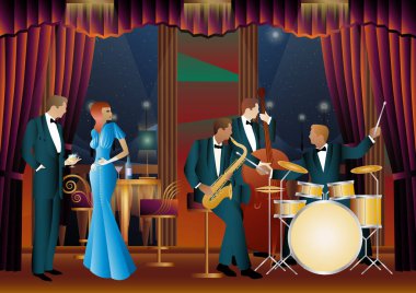 Bir restoranda, kafede ya da barda caz müzisyenleri. Çift bas, saksafon, davul. Müzisyenler müzik enstrümanları çalar