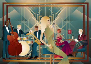 Bir restoranda, kafede ya da barda caz müzisyenleri ve şarkıcı. Çift bas, saksafon, davul. Müzisyenler müzik enstrümanları çalar