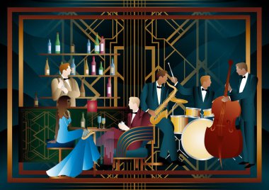 Bir restoranda, kafede ya da barda caz müzisyenleri ve şarkıcı. Çift bas, saksafon, davul. Müzisyenler müzik enstrümanları çalar