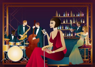 Bir restoranda, kafede ya da barda caz müzisyenleri ve şarkıcı. Çift bas, saksafon, davul. Müzisyenler müzik enstrümanları çalar