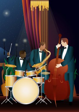 Balkon yakınlarında caz müzisyenleri. Çift bas, saksafon, davul. Müzisyenler müzik enstrümanları çalar