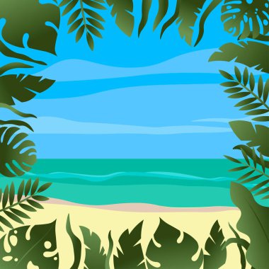 Okyanusun arka planında tropik yapraklar. Bir tatil kartı için arka plan