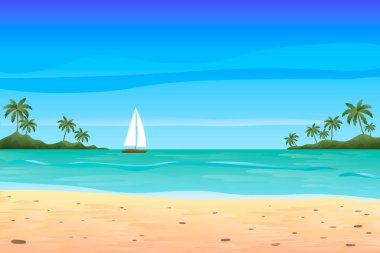 Kıyısında temiz su, bulut ve gökyüzü olan Palmiye ağaçları olan güzel bir sahil.