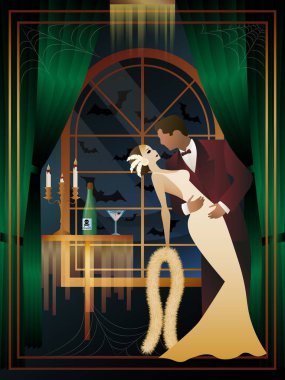 Retro Halloween parti broşürü. Eski dansçılar, erkek ve kadın, 30-40 yaşlarında karakterler. Ölüm Günü konsepti