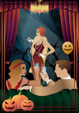 Retro Halloween Party Flyer. Retro şarkıcı, 30-40 'lı yaşlarda karakterler. Ölüm Günü konsepti