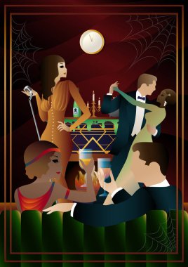 Retro Halloween parti broşürü. Birkaç eski dansçı, erkek, kadın ve şarkıcı, 30-40 yaşlarında karakterler. Ölüm Günü konsepti