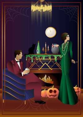 Retro Halloween parti broşürü. Eski bir çift, erkek ve kadın, 30-40 yaşlarında karakterler. Ölüm Günü konsepti