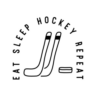 Dağ kampı noel rozeti tasarımı, hokey ekipmanları, sanat tarzı ve tekrar eden uyku hokeyi alıntıları. Seyahat logosu grafikleri. Stok vektör etiketi.