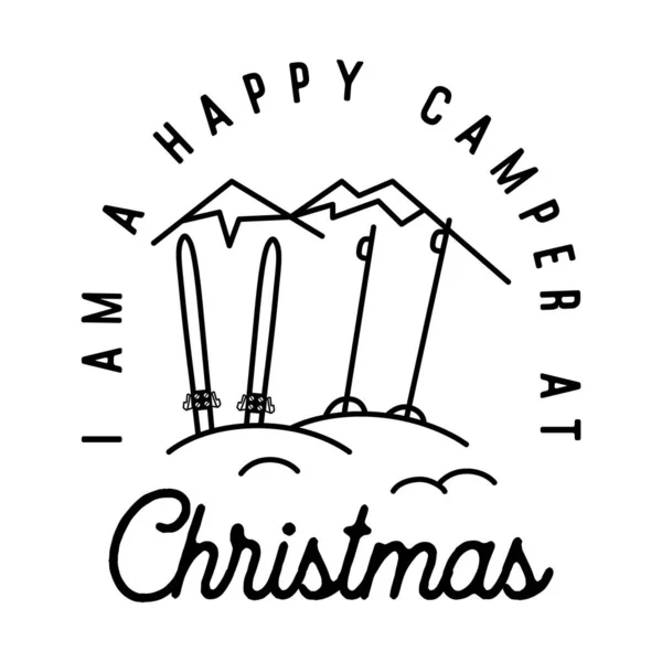 stock vector Mountain Camping christmas badge design with ski in line art style and quote i am a happy camper at Christmas. Travel logo graphics. Stock vector label.