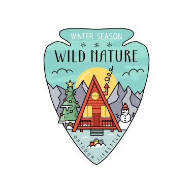 Kamp yapmak, yılbaşı rozeti tasarımı, orman kulübesi, renkli sanat tarzı ve alıntı, kış mevsimi vahşi doğası. Seyahat logosu grafikleri. Stok etiketi.