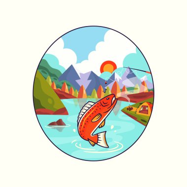 Camping Adventure badge design with mountains, lake and fish. Travel logo graphics. Stock vector retro label isolated on white background.