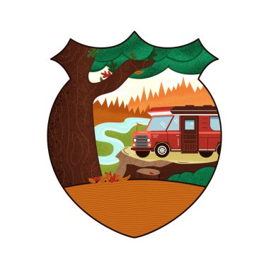Camping Adventure badge design with forest landscape and RV trailer. Travel logo graphics. Stock vector retro label isolated on white background.