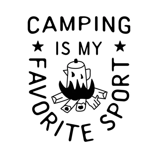 Flat style minimalist logo with Camping Is My Favorite Sport inscription and kettle placed on burning campfire icon against white background