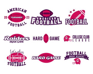 9 American football logo templates set. Rugby badges isolated on white background. Sports labels collection. Stock vector illustration.