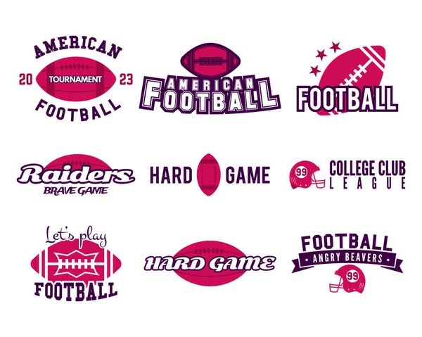 9 American football logo templates set. Rugby badges isolated on white background. Sports labels collection. Stock vector illustration.