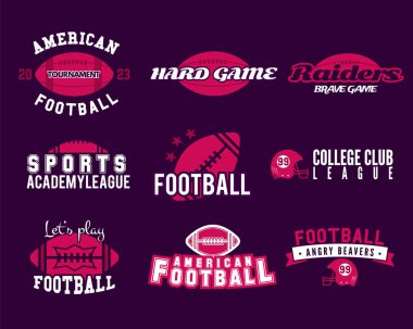 9 American football logo templates set. Rugby badges isolated on dark background. Sports labels collection. Stock vector illustration.