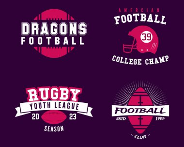 American football logo templates set in flat style. Rugby badges isolated on dark background. Sports labels collection. Stock vector illustration.