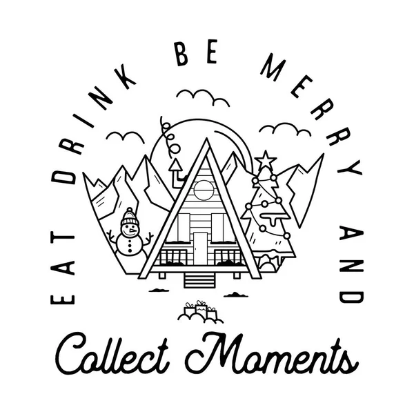 Mountain Camping christmas badge design with forest cabin, mountains in line art style and quote eat drink be merry and collect moments. Travel logo graphics. Stock label.