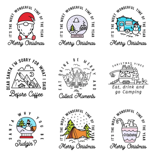 Camping christmas badges set in line art style. Travel adventure with winter landscape, holidays elements. Stock logo label with quotes - it is the most beautiful time of the year.