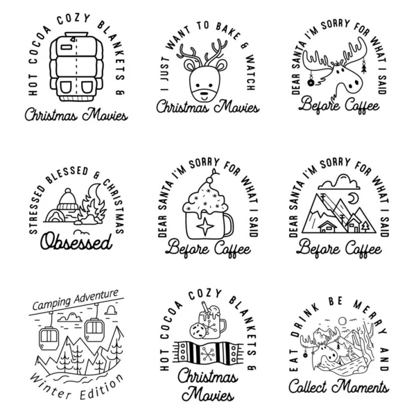 Camping christmas badges set in line art style. Travel adventure with winter landscape, holidays elements. Stock logo label with quotes - I am a happy camper at Christmas.