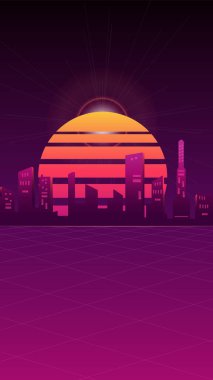 Retro Cyberpunk concept illustration. Social media stories template with neon city. Urban card design. Stock vector synthwave poster graphics.