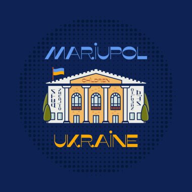 Mariupol Ukraine badge design with drama theater and flag. Retro Ukrainian city label. Stock vector emblem sticker.