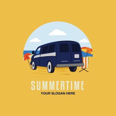 Summertime sufing badge design with rv caravan car on the beach. Travel logo graphics. Stock vector retro label isolated on yellow background.
