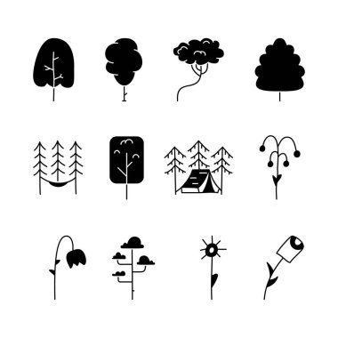Minimalist silhouette tree icons collection. Line art trees. Stock vector linear nature symbols set.
