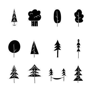 Simple silhouette tree icons collection. Line art trees. Stock vector linear nature symbols set for web.