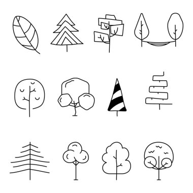 Simple and minimalist tree icons collection. Line art silhouette trees. Stock vector linear symbols set.