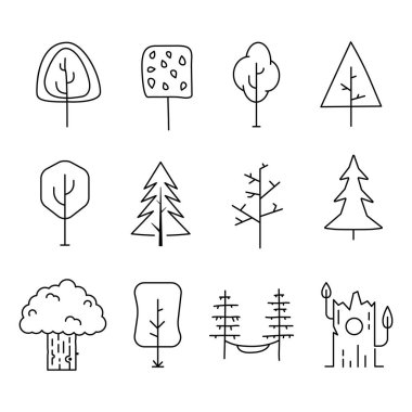 Simple and minimalist tree icons collection. Line art silhouette trees. Stock vector linear symbols.