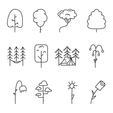 Simple and minimalist tree icons collection. Line art silhouette trees. Stock vector symbols set.